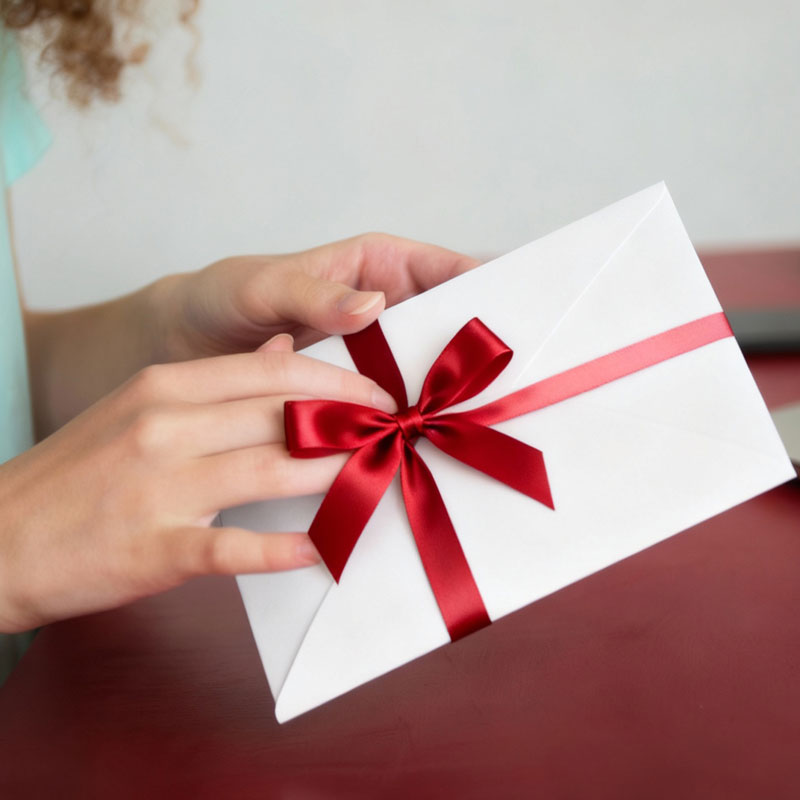 Ein Frau macht ein Gutschein Geschenk auf